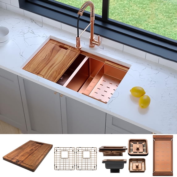 Strictly Sinks 32” Copper Undermount Workstation Kitchen Sink– Scratch and Stain Resistant –16 Gauge Double Bowl Bottom,Grid Wooden Cutting Board – Colander with Disposal Adapter & Strainer Drain