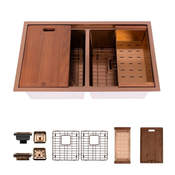 Strictly Sinks 32 Inch Undermount Workstation Copper Kitchen Sink – Wave Texture Double Bowl Sink