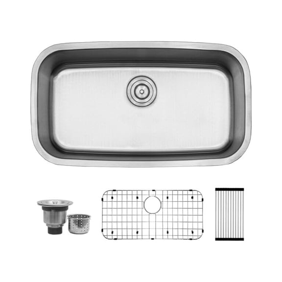 Strictly Sinks 32" Undermount Kitchen Sink - Single Bowl 18 Gauge with Sound Dampening Rubber Pads with 1 Strainer Drain 1 Grid and 1 Rolling Rack