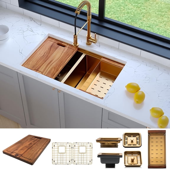 Strictly Sinks 32” Undermount Workstation Gold Kitchen Sink– 16 Gauge Double Bowl Kitchen Sink with Bottom Grid, Wooden Cutting Board, Colander, 1 Disposal Adapter & 1 Strainer Drain