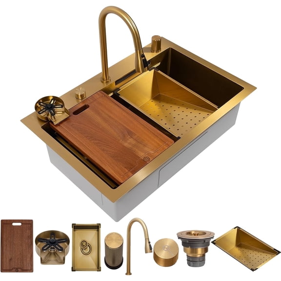 Strictly Sinks 33 Inch Waterfall Kitchen Sink with Glass Rinser–16 Gauge Drop In Kitchen Sink with 360° Pull-Out Faucet,Waterfall Sprayer,Wood Cutting Board,Colander,Drain & Kitchen Sink Accessories