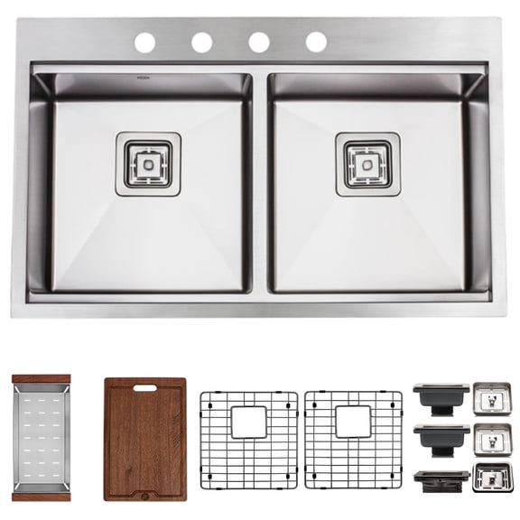 Strictly Sinks 33 inch 16ga Top mount Kitchen Workstation Drop In Sink Silver 50/50 Double Bowl Sink