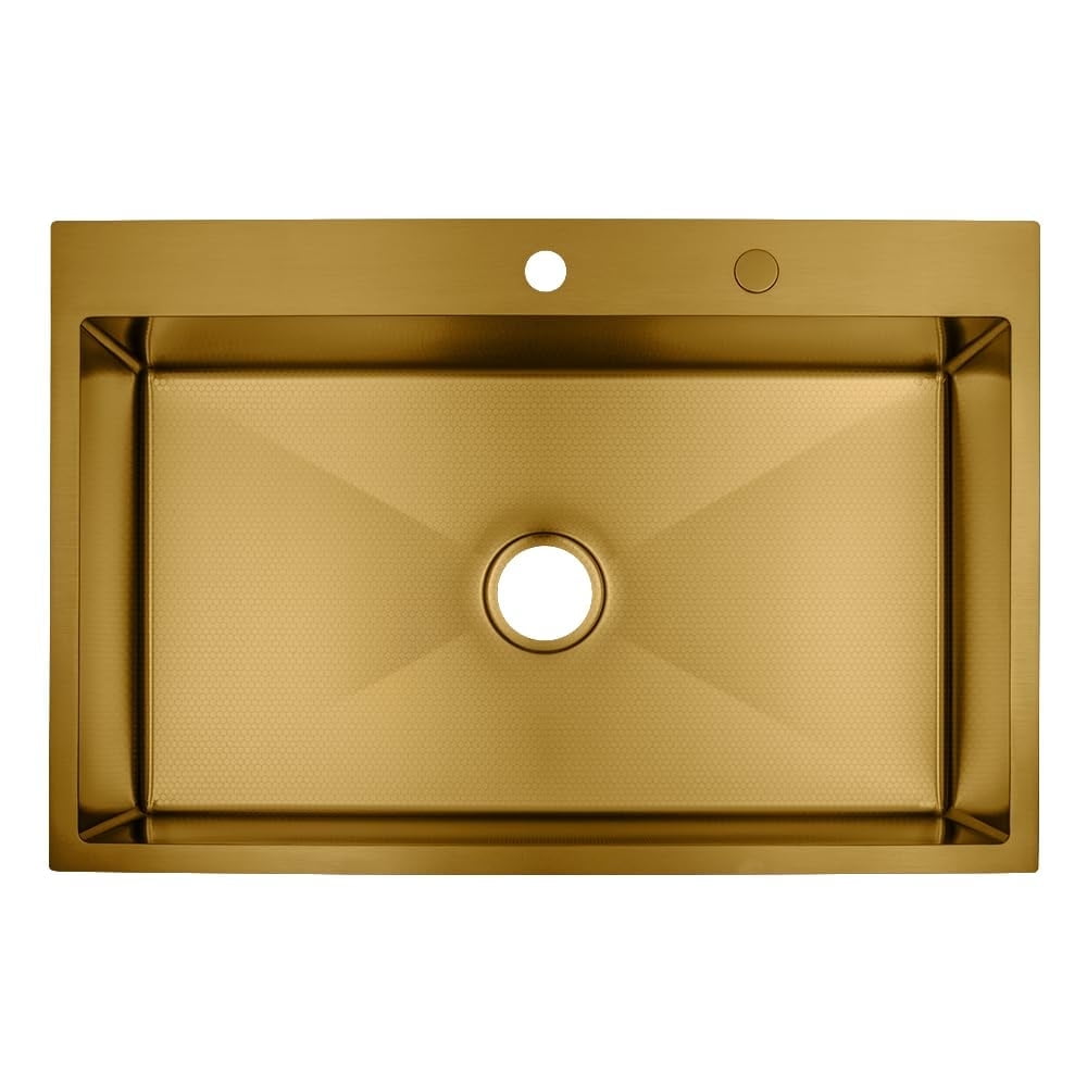 Strictly Sinks Dual Mount Workstation Kitchen Sink – 33 Inch 16 Gauge Embossed Hexagon Texture Kitchen Sink with Grid, 1 Strainer Drain, 1 Garbage Disposal Adapter & Clips (Gold)