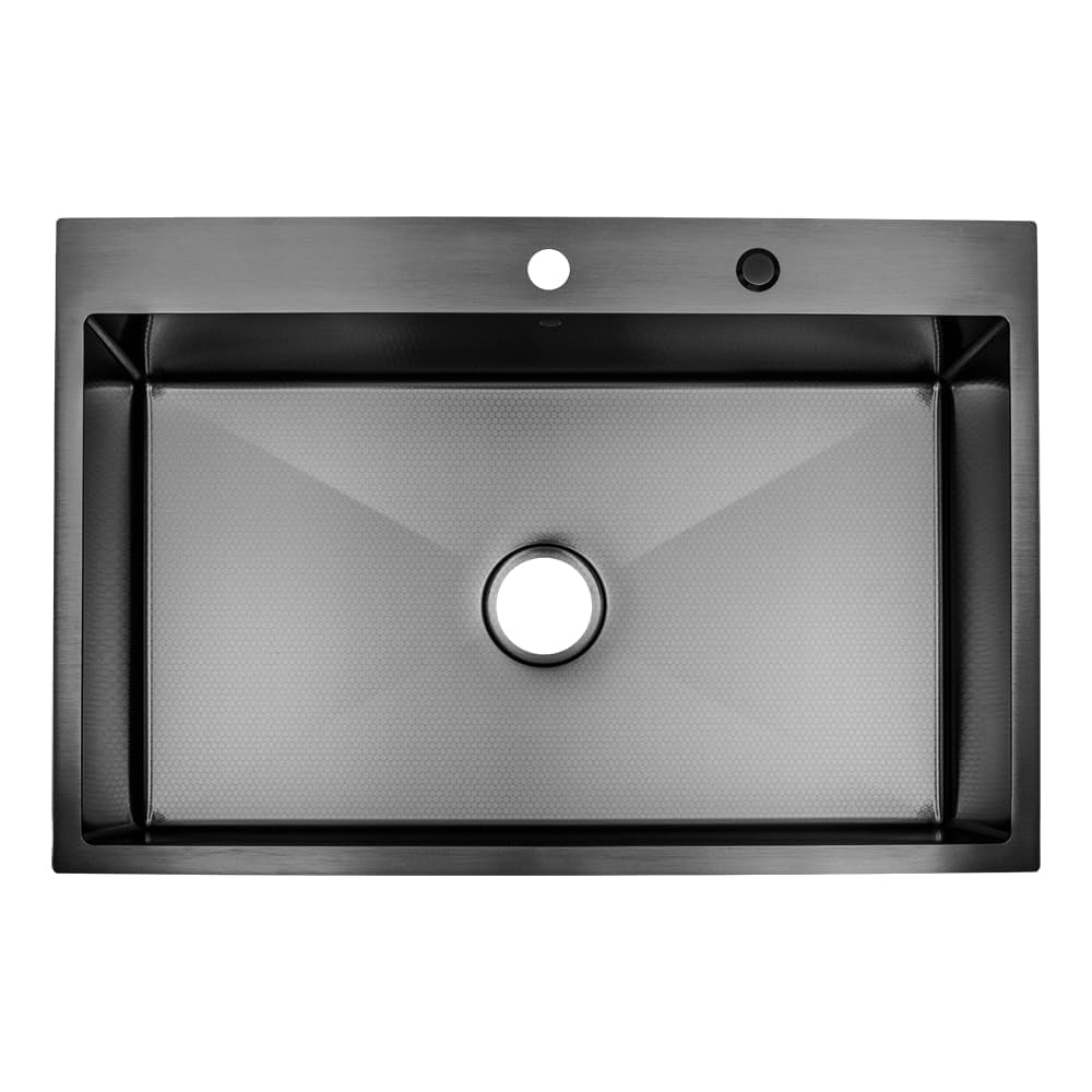 Strictly Sinks Dual Mount Workstation Kitchen Sink – 33 Inch 16 Gauge Embossed Hexagon Texture Kitchen Sink with Grid, 1 Strainer Drain, 1 Garbage Disposal Adapter & Clips (Black