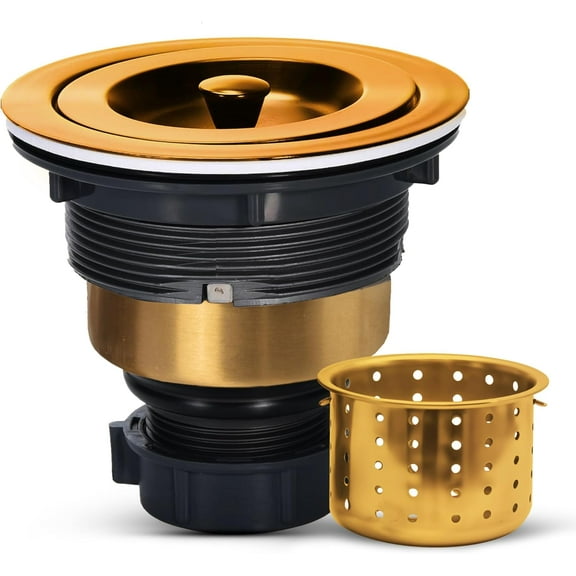 Strictly Sinks Sink Drain Strainer with Removable Basket - 3-1/2 Inch Stainless Steel Round Kitchen Sink Drain Assembly Kit with Deep Strainer Basket & Stopper (Gold)