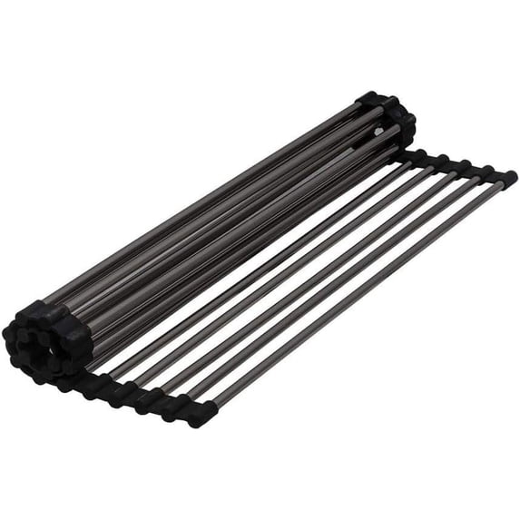 Strictly Sinks Stainless Steel Roll Up Dish Drying Rack – Black 17 Inch Over The Sink Drying Rack Ideal for Workstation Sinks Only – Multipurpose Foldable Kitchen Dish Rack (17-3/8″ x 13″ x 3/8″)