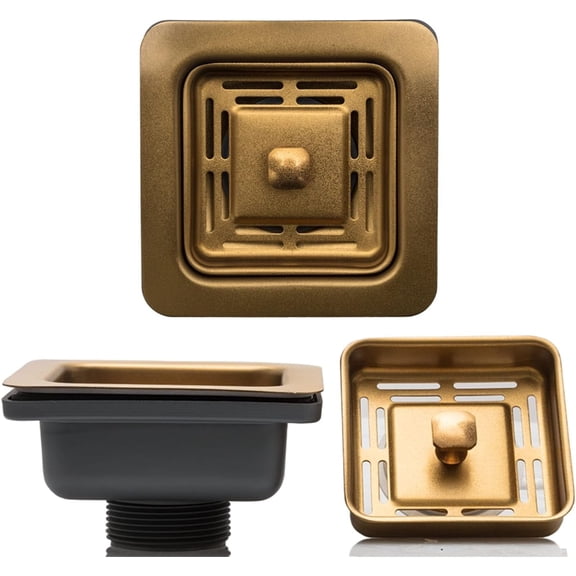 Strictly Sinks Stainless Steel Sink Strainer for Kitchen Sink - Stain Resistant Kitchen Sink Strainer with Large Collection Basket,Sink Drain Strainer for All Square Drain Sinks (Gold)