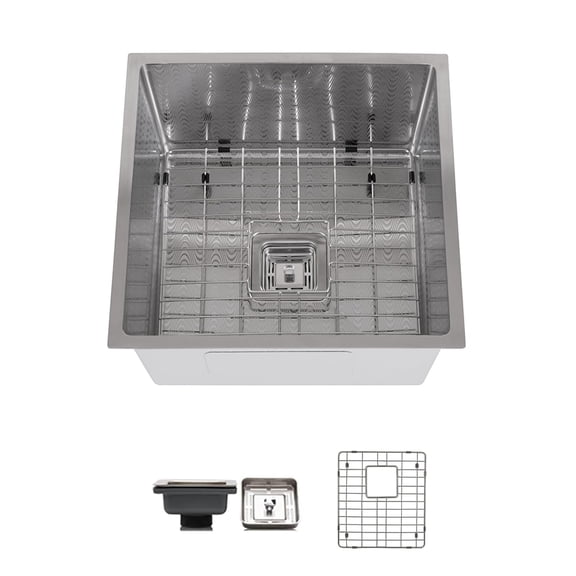 Strictly Sinks Undermount Bar Prep Sink – 18 Inch 16 Gauge Embossed Wave Texture Silver Wet Bar Prep Kitchen Sink with Bottom Grid and 1 Square Strainer Drain