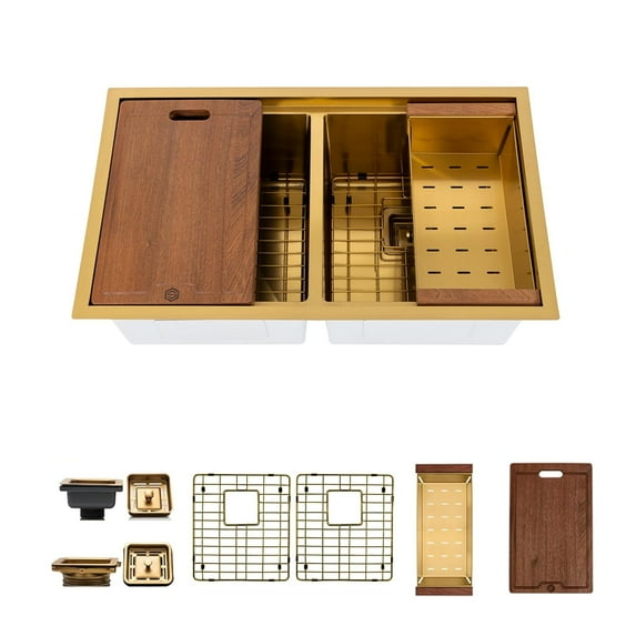 Strictly Sinks Undermount Workstation Kitchen Sink 32 Inch 16ga Double Bowl Hexagon Texture Gold
