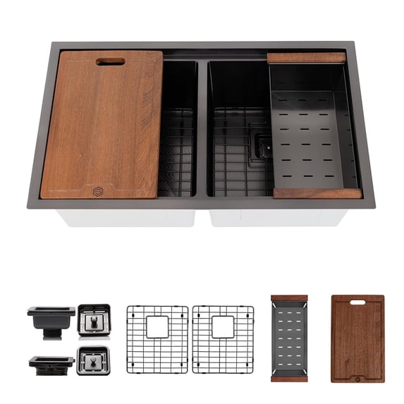Strictly Sinks Undermount Workstation Kitchen Sink 32 Inch 16ga Double Bowl Leather Texture Black