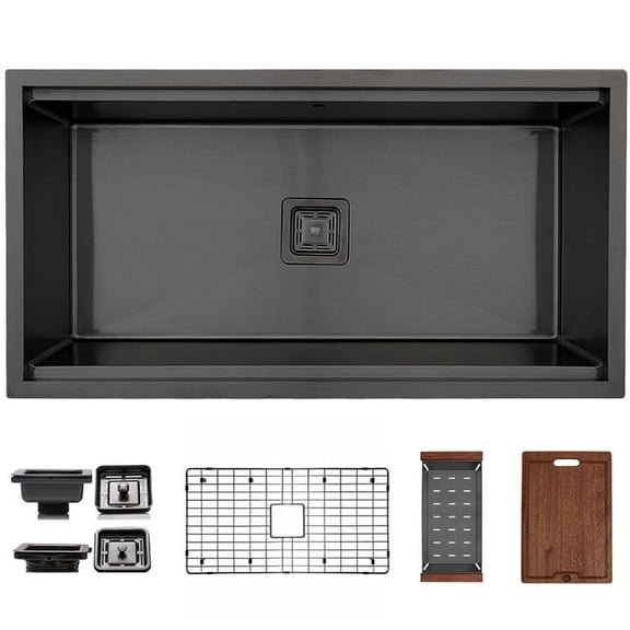 Strictly Sinks Undermount Workstation Kitchen Sink – 36 Inch 16 Gauge Stainless Steel Sink for Kitchen with Bottom Grid, Wooden Cutting Board, Colander, 1 Strainer Drain & 1 Disposal Adapter
