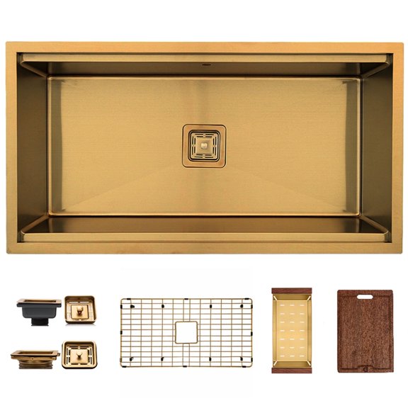 Strictly Sinks Undermount Workstation Kitchen Sink – 36 Inch 16 Gauge Stainless Steel Sink for Kitchen with Bottom Grid, Wooden Cutting Board, Colander, 1 Strainer Drain & 1 Disposal Adapter (Gold)