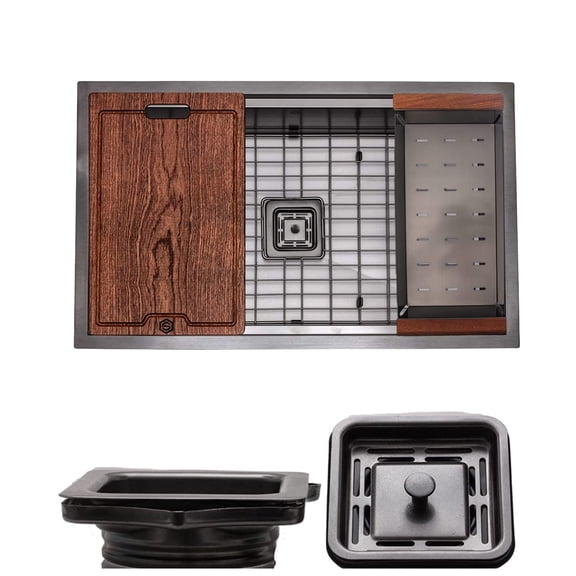 Strictly Sinks Undermount Workstation Kitchen Sink– Black 32 Inch 16 Gauge Single Bowl Kitchen Sink with Accessories