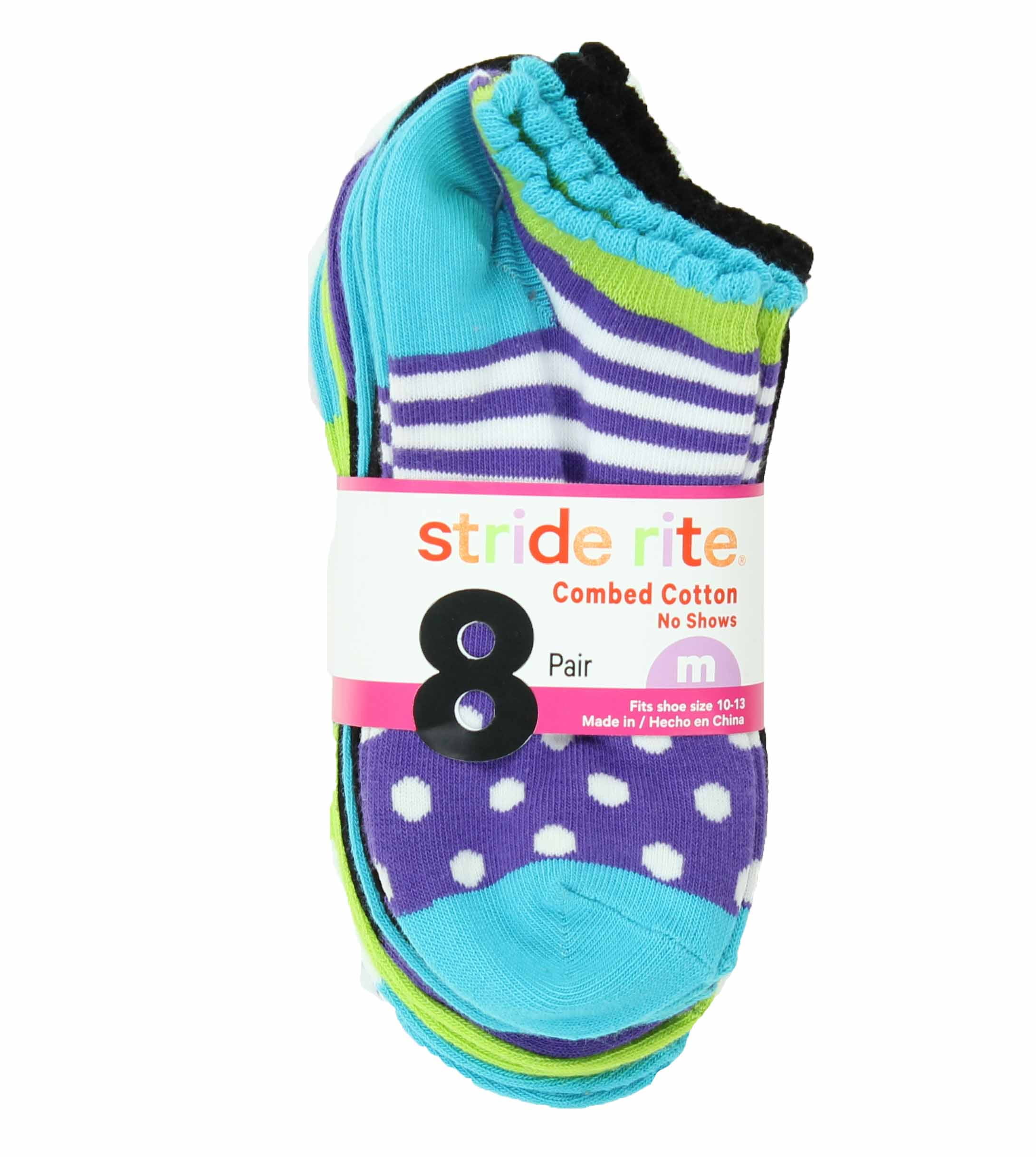 Stride Rite Girls Comfort Seam No Show Socks 8 Pack Playful Patterns Small 7 10