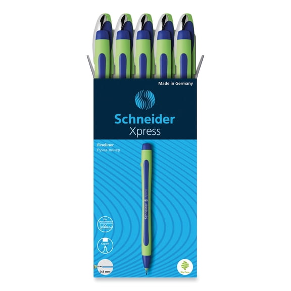 Stride Schneider Xpress Fineliner Stick Pen, 0.8mm, Blue Ink, Blue/Green Barrel, 10/Box (190003)