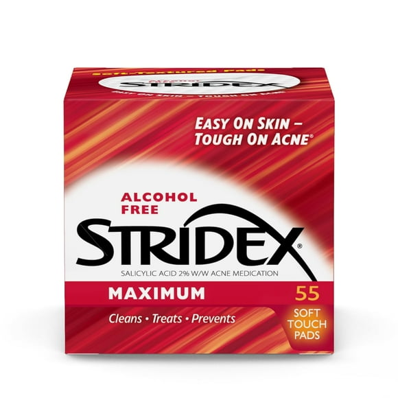 Stridex Medicated Acne Pads, Maximum, 55 Count Facial Cleansing Wipes, Alcohol Free, Acne Treatment for Face, For Moderate Acne, Smooth Application