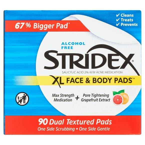 Stridex XL Acne Pads for Face and Body with Salicylic Acid, Alcohol Free, 90 Ct