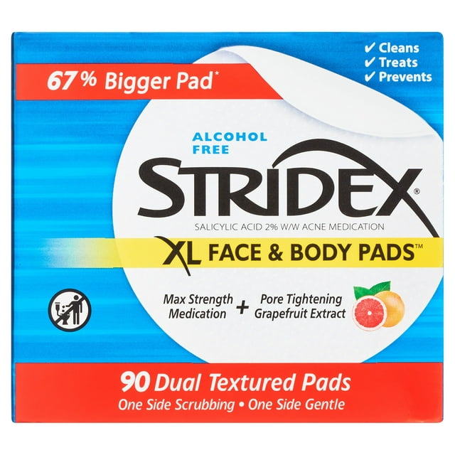 Stridex XL Acne Pads for Face and Body with Salicylic Acid, Alcohol Free, 90 Ct