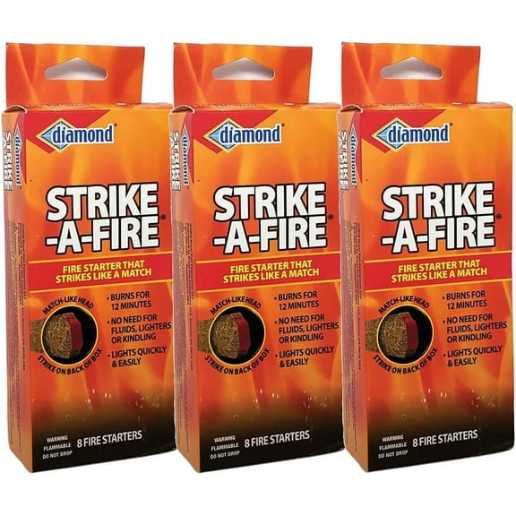 Strike-A-Fire Diamond Brand Fire Starter Matches - 3 Boxes (24 Fire Starters Total)