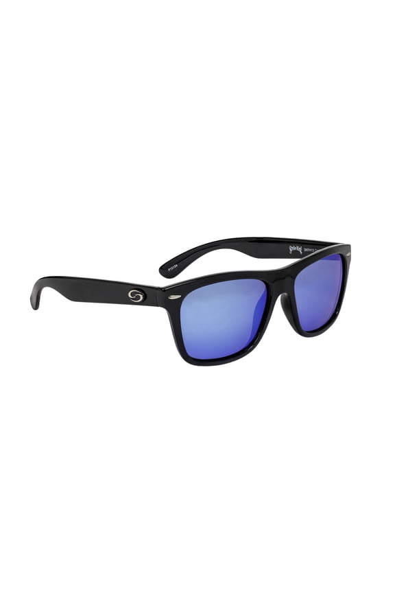 Plus Cash Sunglasses, Shiny Black Frame, Blue Mirror Lens, Hard Case, Micro-Fiber Cloth, Retainer