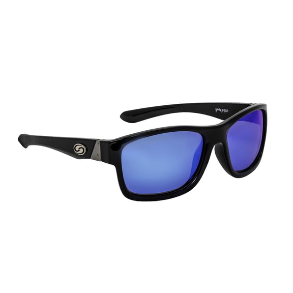 Strike King Pro Sunglasses, Shiny Black Frame, Blue Mirror Lens, Hard Case, Micro-Fiber Cloth