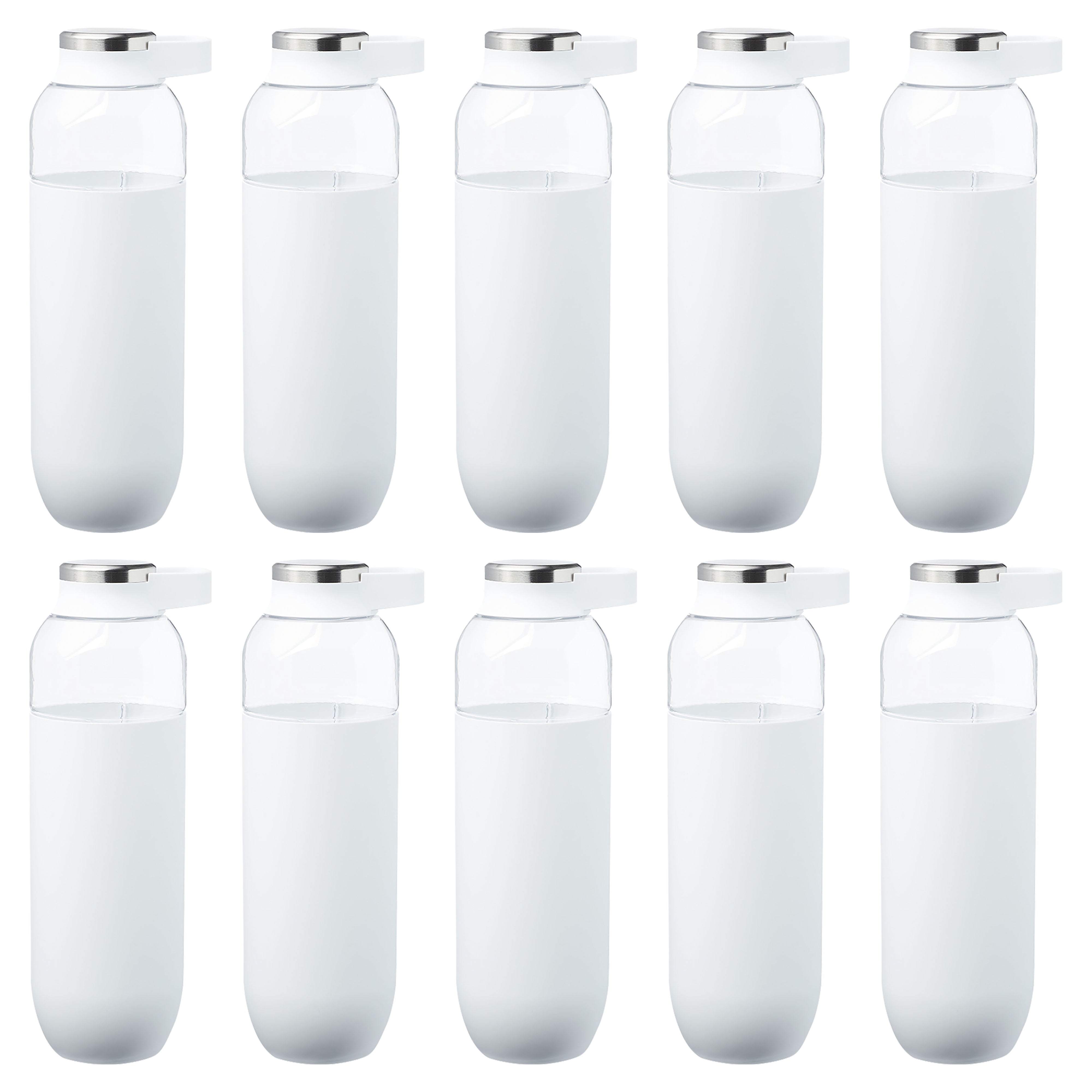 Strike Plastic Water Bottles with Carrier Handle 27 oz. Set of 10, Bulk Pack - Reusable, Great for Gym, Hiking, Cycling, and For School - White