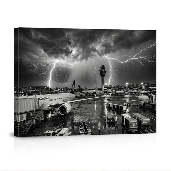 Striking Airport Lightning Storm Dramatic Black White Aviation Modern Thunderstorm Canvas