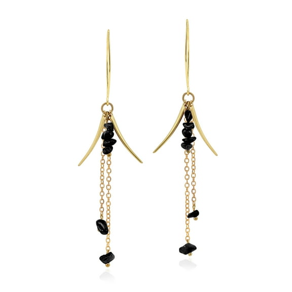 Striking Hanging Black Onyx Stones and Brass Chain Dangle Earrings