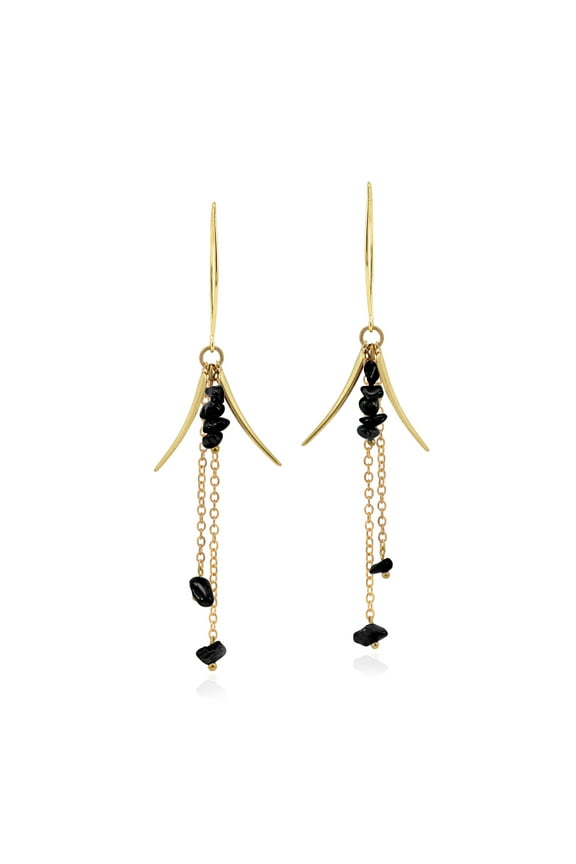 Striking Hanging Black Onyx Stones and Brass Chain Dangle Earrings