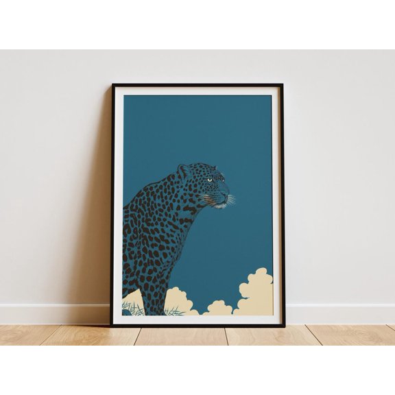 Striking Leopard Bold Blue Teal Background Stylized Clouds Modern Graphic Animal Wildlife, Unframed Poster
