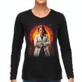 thumbnail image 1 of Striking Long Sleeve Black T-Shirt with Confident Woman Against Vibrant Sunset City, 1 of 5