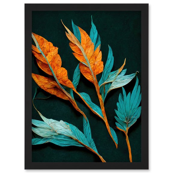 Striking Modern Bright Teal and Orange Detailed Dried Leaves on Black Artwork Framed Wall Art Print A4
