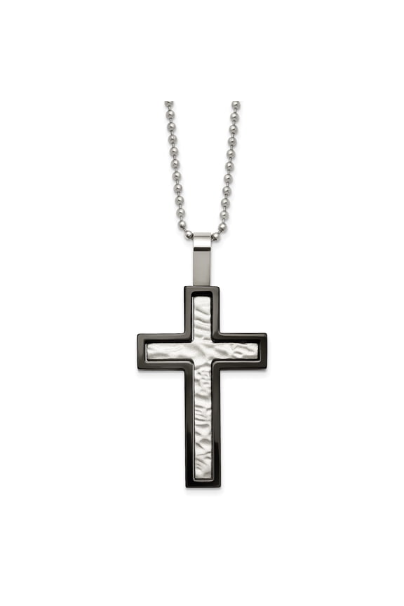 Striking Stainless Steel Cross Pendant Necklace with Black Border and Textured Design Modern Minimalist Style with Refined Ball Chain for Spiritual Elegance and Daily Wear