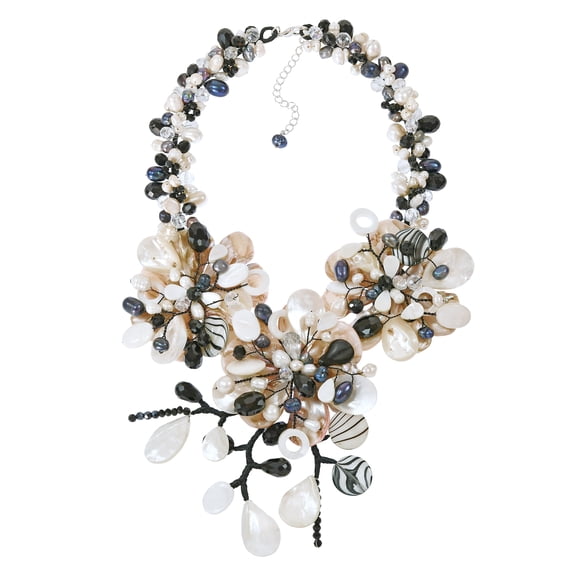 Striking Statement Hand Painted Zebra Pattern Mother of Pearl Floral Necklace