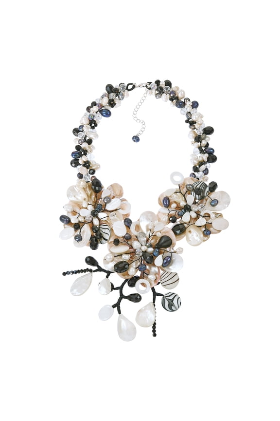 Striking Statement Hand Painted Zebra Pattern Mother of Pearl Floral Necklace