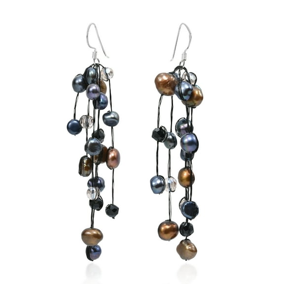 Striking Waterfall Freshwater Black Pearl .925 Silver Hooks Earrings