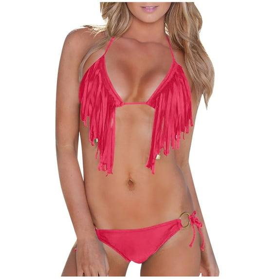 String Bikini Set for Women Two Piece Cheeky Halter Tassel Swimsuit Brazilian Bikini Tops Thong Fringe Bathing Suit, Hot Pink, M