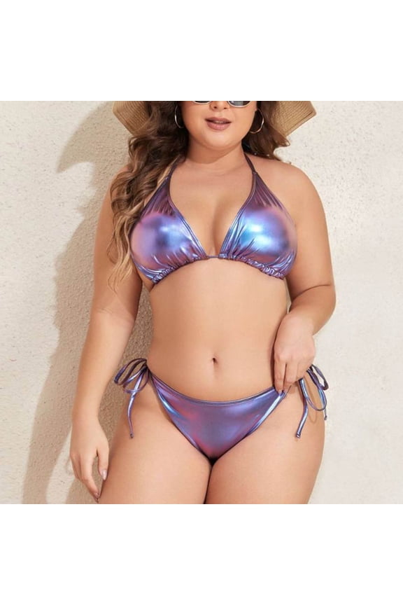String Bikini Swimsuit for Women Plus Size Women's Sparkly Triangle Bikini Set Strap Backless Top with Side Lace-Up Thong Bottoms Fashion Beach Travel Wear Purple 3XL