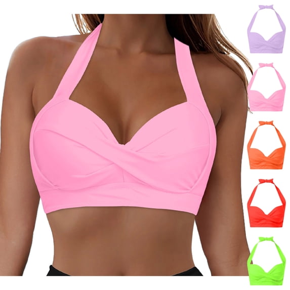 String Bikini Tops for Women Halter Neck Twist Front Bathing Suit Top Athletic Push Up Swim Tops No Bottom