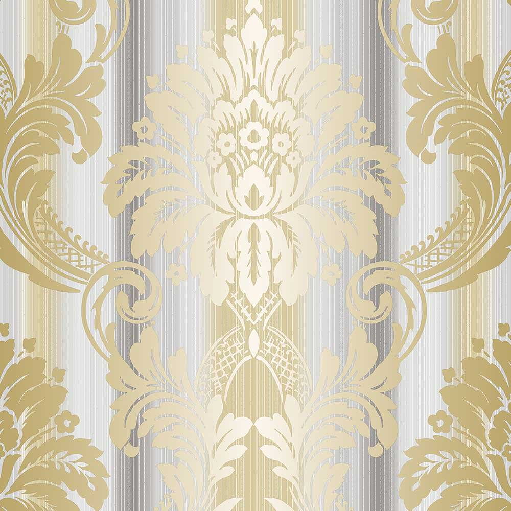 Grey and Metallic Gold Damask Pre-pasted Wallpaper