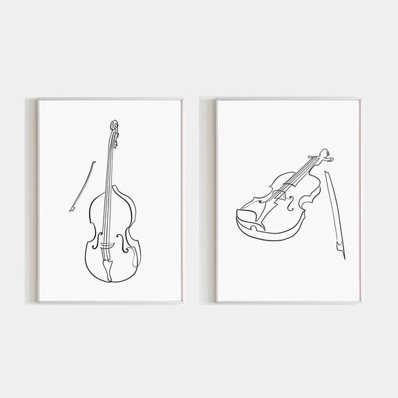 String Duo Art One Line Violin Contrabass Wall Decor Musician Orchestra Lover Set 2 Stretched Canvas 16x24