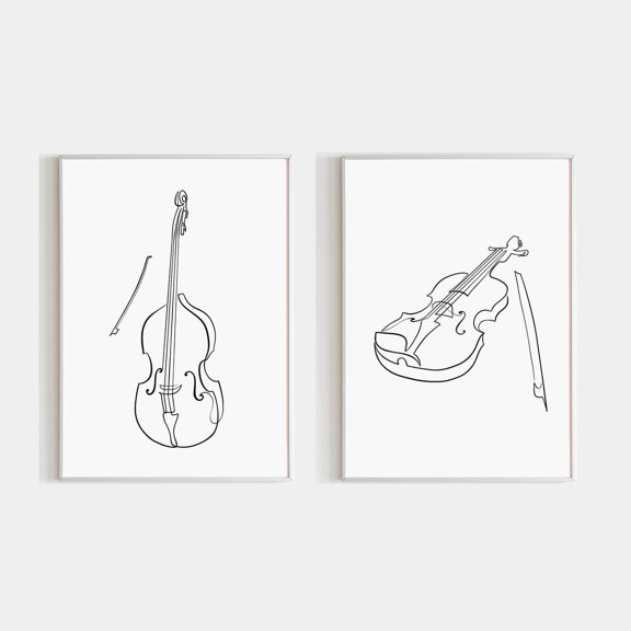 String Duo Art One Line Violin Contrabass Wall Decor Musician Orchestra Lover Set 2 Unframed Paper Print 8x12
