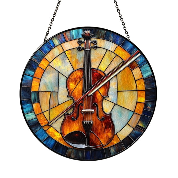 String Instrument Cello Stained Glass Window Suncatcher, Round Decorative Music Panel for Light Catching Home Decor