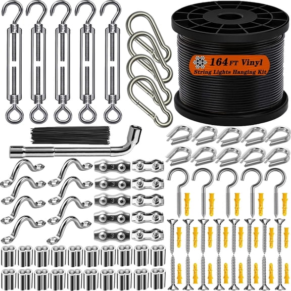 String Light Hanging Kit,164 FT Coated Stainless Steel Wire Rope | Outdoor Lights Guide Wire ,Globe String Light Suspension Kit Included Turnbuckles & Hooks for Patio, Garden & Party Decor