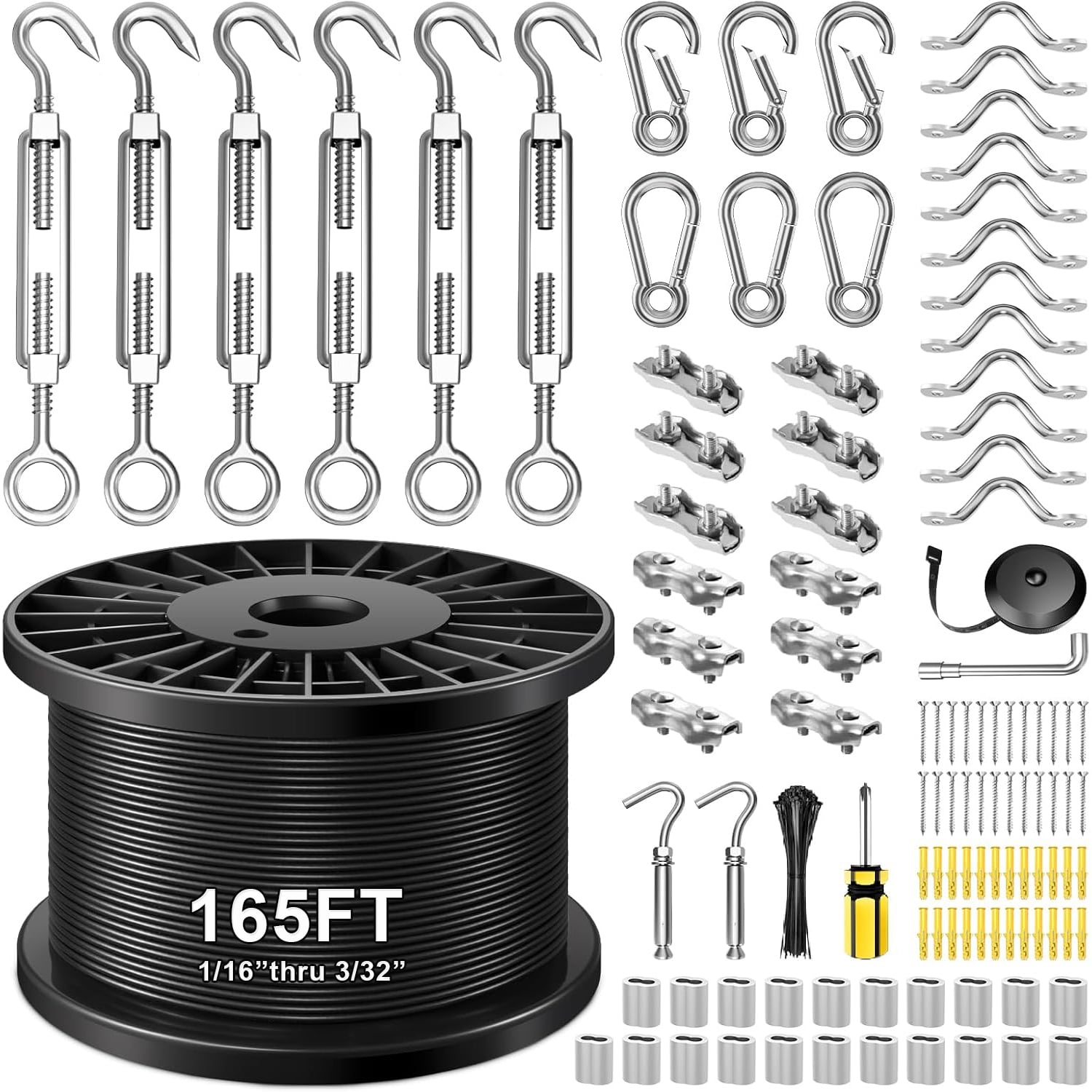 String Light Hanging Kit with 164FT Vinyl Coated Stainless Steel 304 Wire Rope Suspension Kit Included Enough Accessories with Turnbuckles and Hooks for Patio, Garden and Wedding Lighting