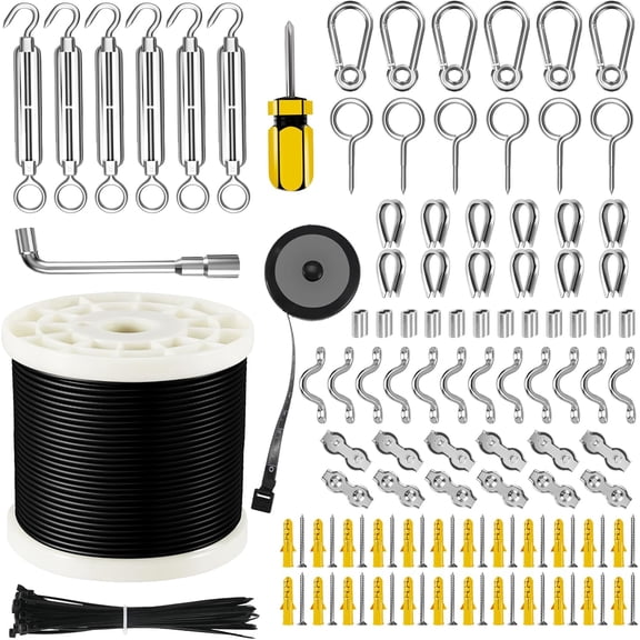 String Light Hanging Kit with 250FT Nylon Coated Stainless Steel 304 Wire Rope Cable Suspension Kit Included Enough Accessories, Turnbuckles and Hooks for Patio, Outdoor and Backyard Lighting