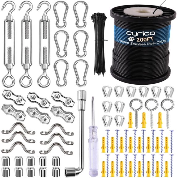 String Light Hanging Kit, Outdoor Light Guide Wire, Globe String Lights Suspension Kit with 200 Ft Nylon Coated Stainless Steel 304 Wire Rope Cable, Turnbuckle, Enough Accessories, Use Manual