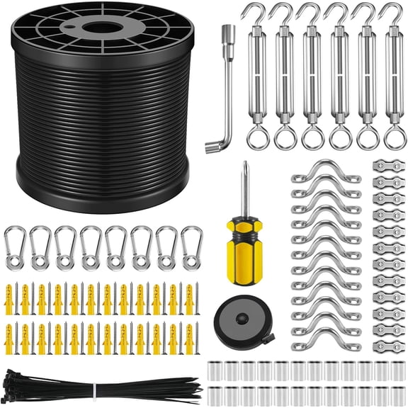 String Light Hanging Kit with 250FT Black Vinyl Coated Wire Rope