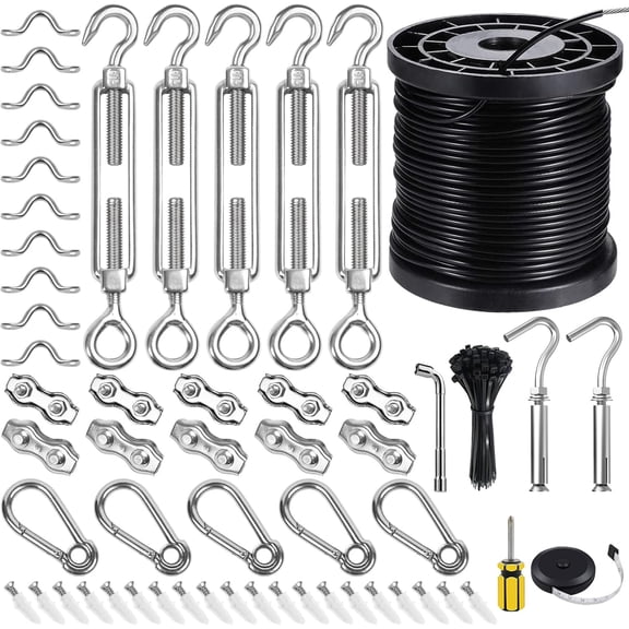 String Light Hanging Kits, 170FT Coated Stainless Steel 304 Wire Rope, Outdoor Light Guide Wire, Globe String Light Suspension Kit Included Turnbuckles, Enough Accessories, Use Manual