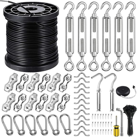 String Light Hanging Kits, 300FT Coated Stainless Steel 304 Wire Rope, Outdoor Light Guide Wire, Globe String Light Suspeon Kit Included Turnbuckles, Enough Accessories, Use Manual